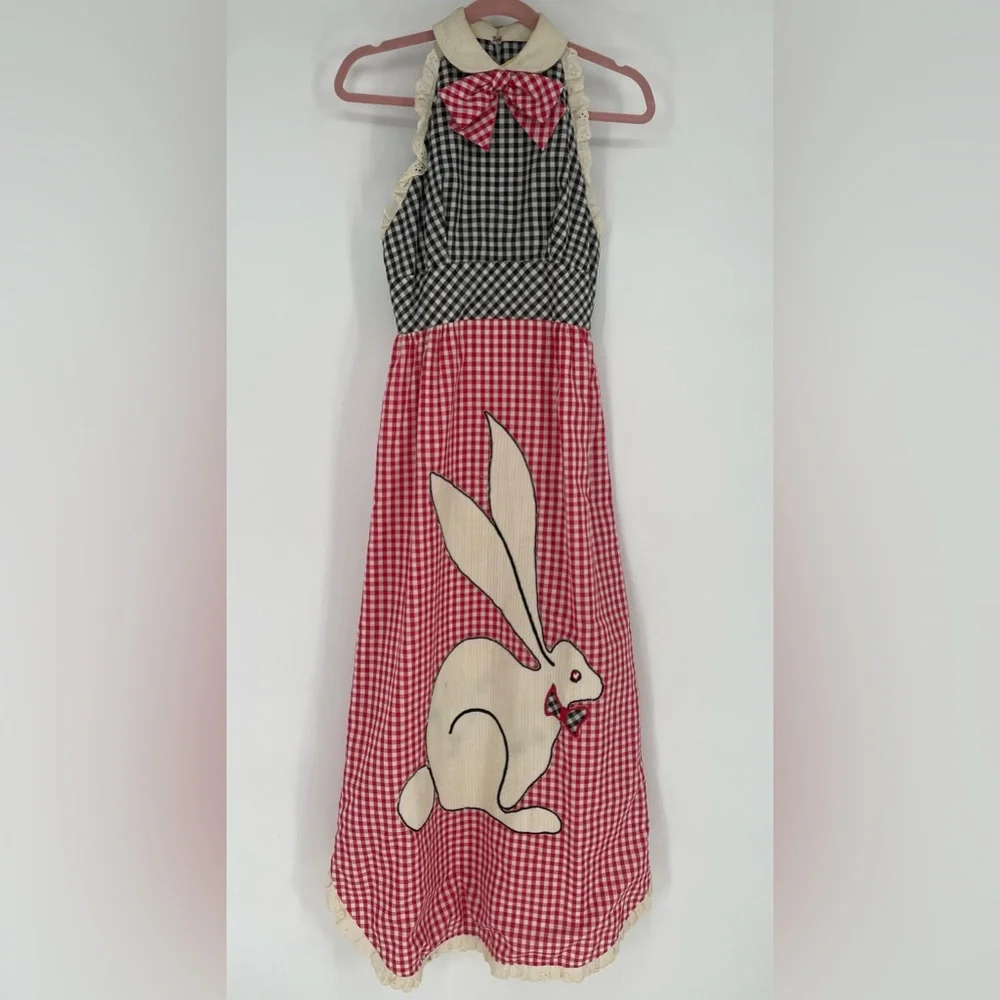 60s/70s Cottagecore Novelty Rabbit Appliqué Gingham Color-blocked Maxi Dress - Picture 12 of 14